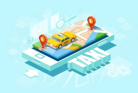 Vector of a yellow cab and GPS route point pins on smartphone Stock Illustration