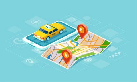 Vector of a yellow cab and GPS route point pins on smartphone Stock Illustration