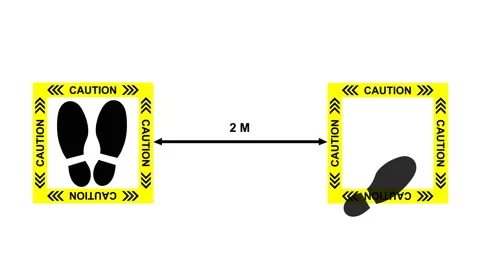 Vector of Yellow CAUTION Practice Social Distancing sign and symbols 库存影片 134943632