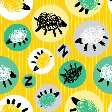 Vector yellow circles sheep zzz counting with stripes cute doodles seamless.. Stock Illustration