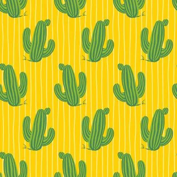 Vector yellow cute cactus repeat pattern with thin vertical stripes background Stock Illustration