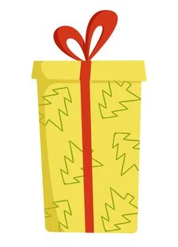 Vector yellow gift box with a pattern of Christmas trees with bow and ribbo.. Stock Illustration