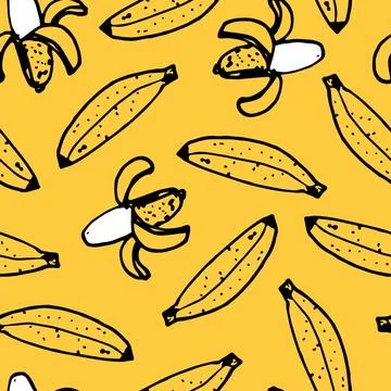 Vector yellow hand drawn scattered bananas fun doodle background pattern. Per Stock Illustration