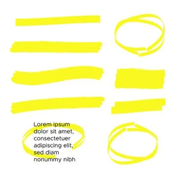 Vector yellow highlighter brush lines. Brush pen underline. Yellow watercolor Stock Illustration