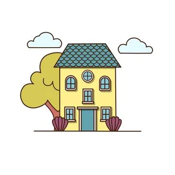 Vector yellow house with decorations icon. Vector house with garden and tree Stock Illustration
