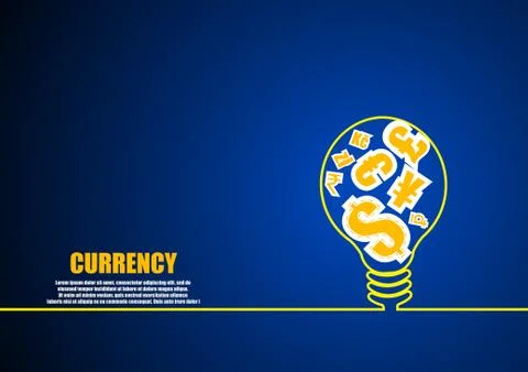 Vector : Yellow lightbulb with line and currency symbol on blue background Stock Illustration