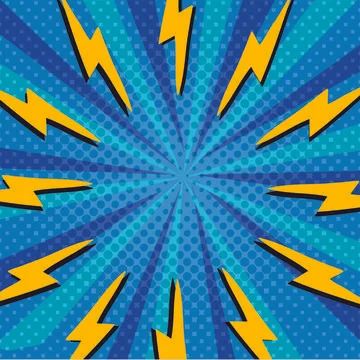 Vector of yellow lightning bolts on radiating blue stripes with dots Illustrazione stock