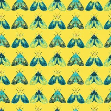 Vector yellow moths rows repeat pattern. Suitable for gift wrap, textile or.. Illustrazione stock