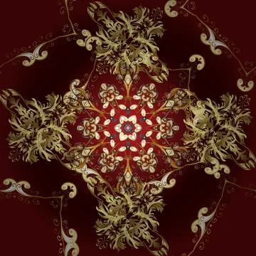 Vector. Yellow, red and brown ornamental, floral seamless pattern. Traditional, Stock Illustration