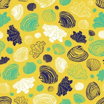 Vector yellow repeat pattern with variety of clam seashells. Perfect for gree イラスト素材
