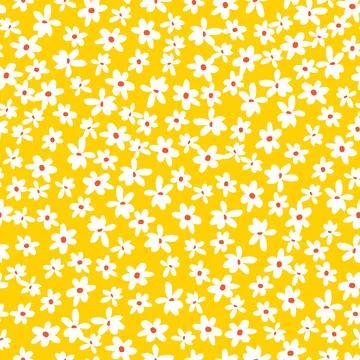 Vector yellow scattered fun daisy flowers repeat pattern with orange center.  Stock Illustration