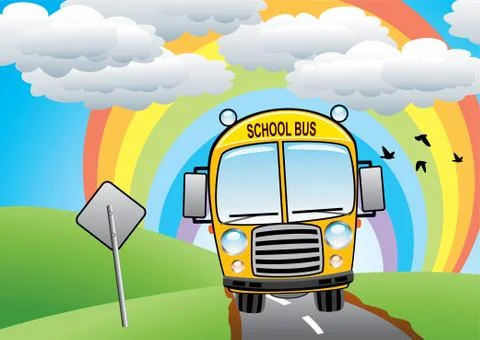 Vector yellow school bus on the road Stock Illustration