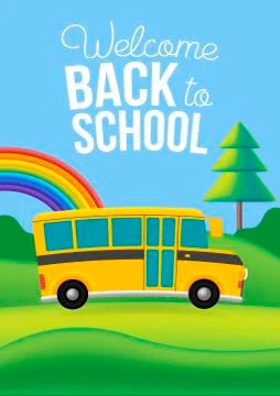 Vector yellow school bus on the road. Nature background with rainbow, clouds, Stock Illustration