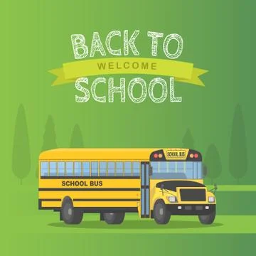 Vector yellow schoolbus isolated on green background. Back to school sign vec 스톡 일러스트