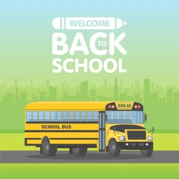 Vector yellow schoolbus isolated on green background. Back to school sign vec Stock Illustration
