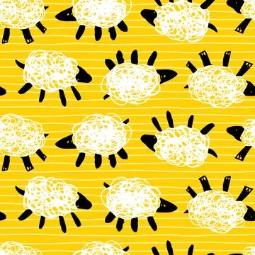 Vector yellow sheep zzz simple rows cute doodles seamless pattern with stripe Stock Illustration