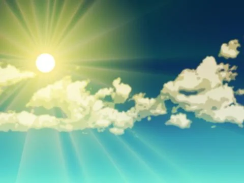 Vector yellow sun with light effects. sun with ray over Sky with clouds Stock Illustration