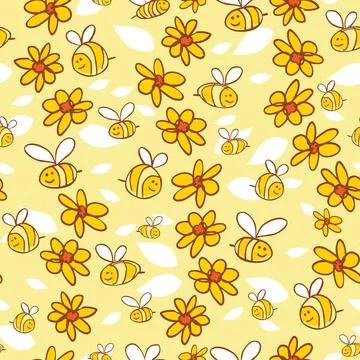 Vector yellow whimsical fun daisy flowers and bees doodle repeat pattern. Sui Stock Illustration