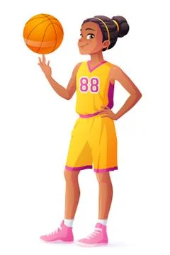 Vector young African basketball player girl spinning ball on finger. Stock Illustration