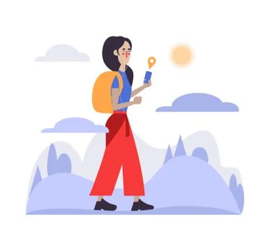 Vector young girl with backpack using smartphone mobile navigation app with Stock Illustration