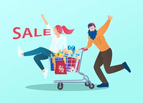 Vector of a young happy couple having fun shopping at discounted prices Stock Illustration