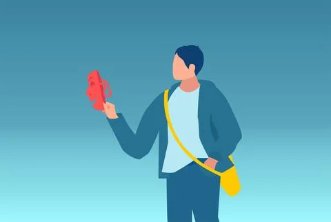 Vector of a young man holding smiling mask thinking about being or acting lik Stock Illustration