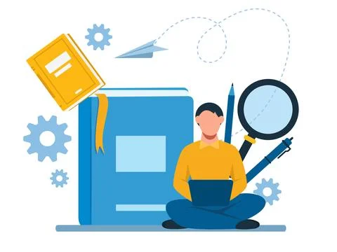 Vector of a young man with laptop computer studies online Stock Illustration