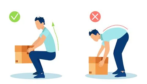 Vector of a young man lifting up a heavy box in a safe and unsafe way for his Stock Illustration