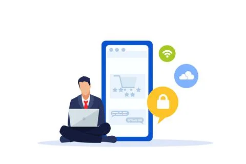 Vector of a young man using mobile devices, shopping online leaving online fe Stock Illustration