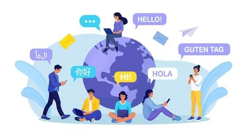Vector of young people chatting in foreign languages with phone Stock Illustration