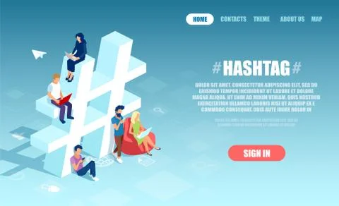 Vector of young people using mobile gadgets sharing hash tagged posts in soci Stock Illustration