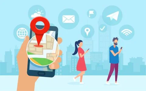 Vector of young people using smart phone apps sharing location, chatting brow Stock Illustration