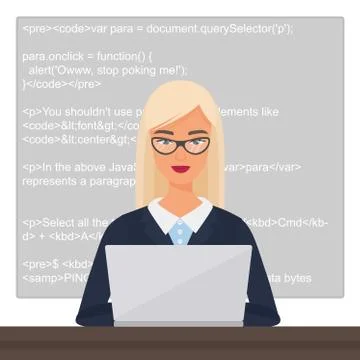 Vector young pretty beautiful blond lady black programmer sitting at the desktop 스톡 일러스트