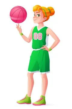 Vector young redhead basketball player girl spinning ball on finger. Stock Illustration