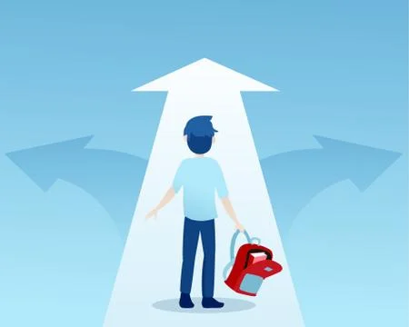 Vector of a young student at crossroads deciding which path to take Stock Illustration