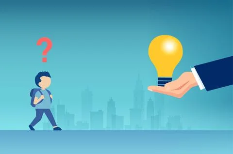 Vector of a young student with a question mark is offered a solution bright i Stock Illustration