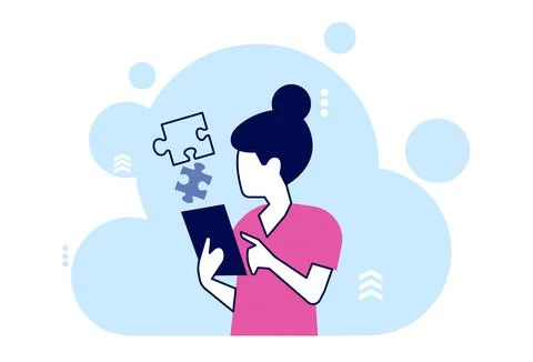 Vector of a young woman using tablet computer app solving a problem Stock Illustration