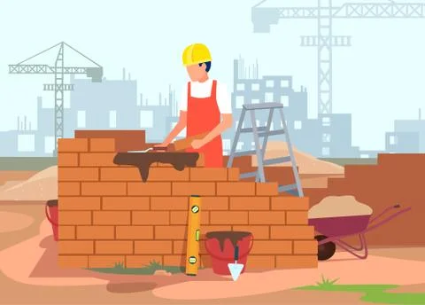 Vector of a young worker in safety helmet working at a home construction site Stock Illustration