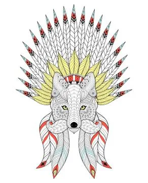 Vector zentangle Fox with War Bonnet and mustache. American head Stock Illustration