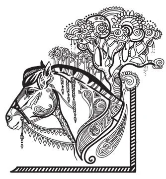Vector zentangle horse in black color Illustrazione stock