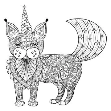Vector zentangle magic cat unicorn, black print for adult anti stress colorin 스톡 일러스트