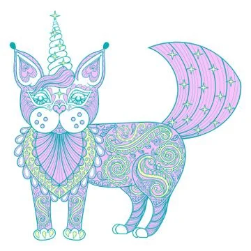 Vector zentangle magic color cat unicorn, black print for adult Illustration