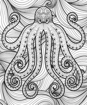 Vector zentangle octopus in sea, print for adult coloring page A 스톡 일러스트