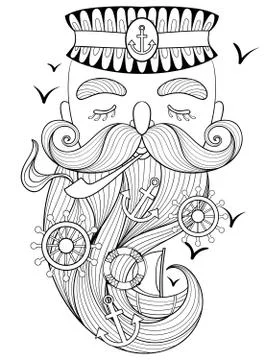 Vector zentangle old sailor smoking a pipe, captain, fisherman 스톡 일러스트