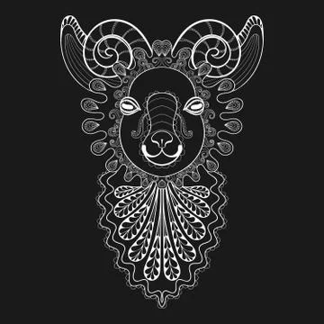 Vector zentangle Ram Head illustration, white Goat print for adu 스톡 일러스트