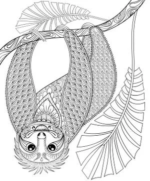 Vector zentangle three-toed sloth climbing on a branch, print fo 스톡 일러스트