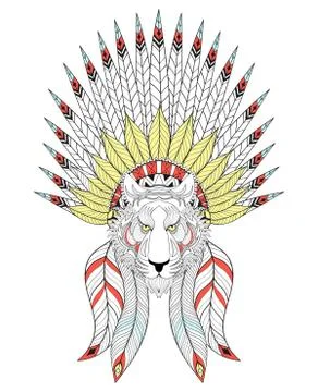 Vector zentangle Tiger with War Bonnet. American headdress with Stock Illustration