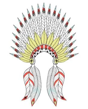 Vector zentangle War Bonnet with color feathers. American native Stock Illustration
