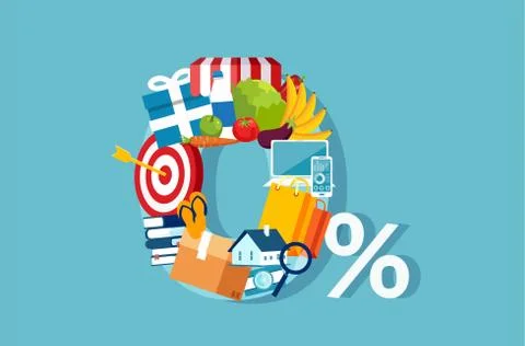 Vector of a zero percent sign made of consumer goods Stock Illustration