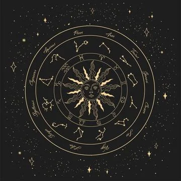 Vector zodiac wheel on the background of the starry sky. Stock Illustration
